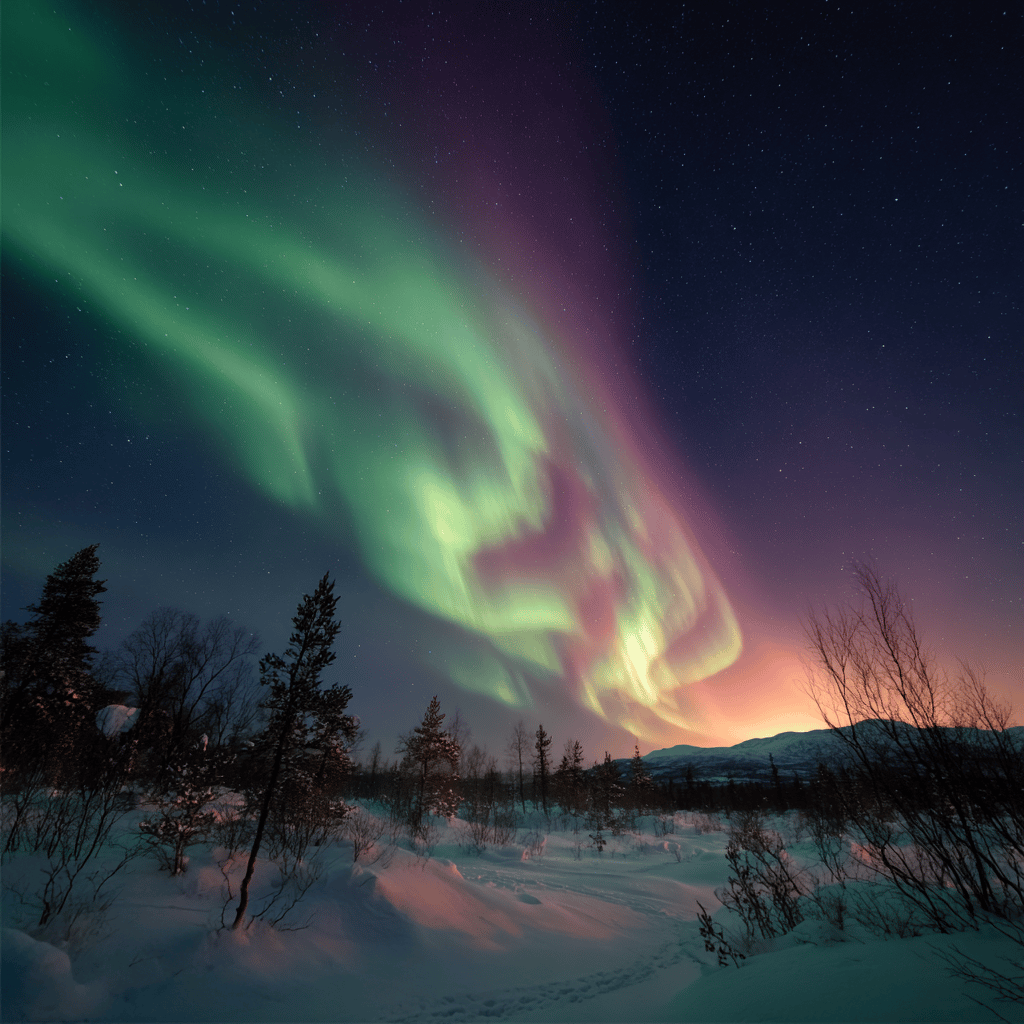 Aurora Borealis reflecting over frozen landscape in Kiruna