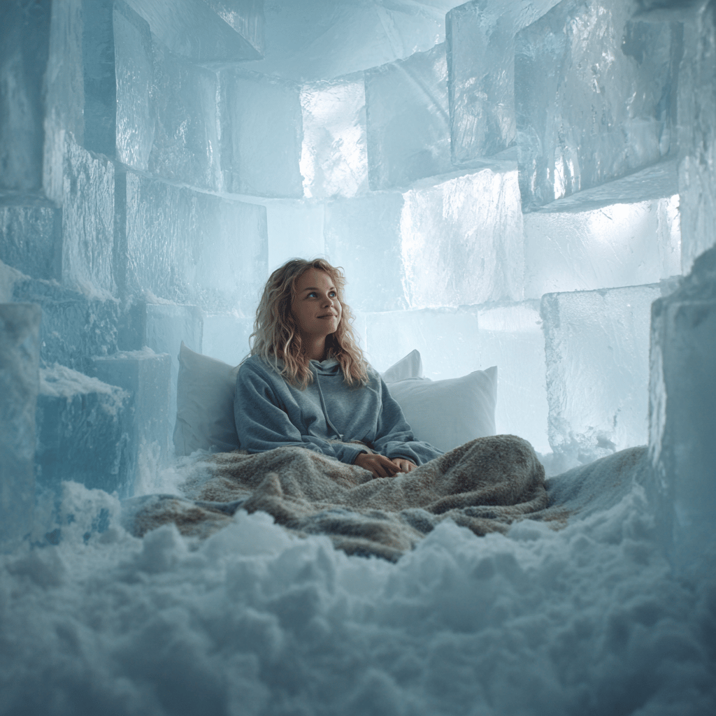 Artistic ice room interior at Icehotel Jukkasjärvi