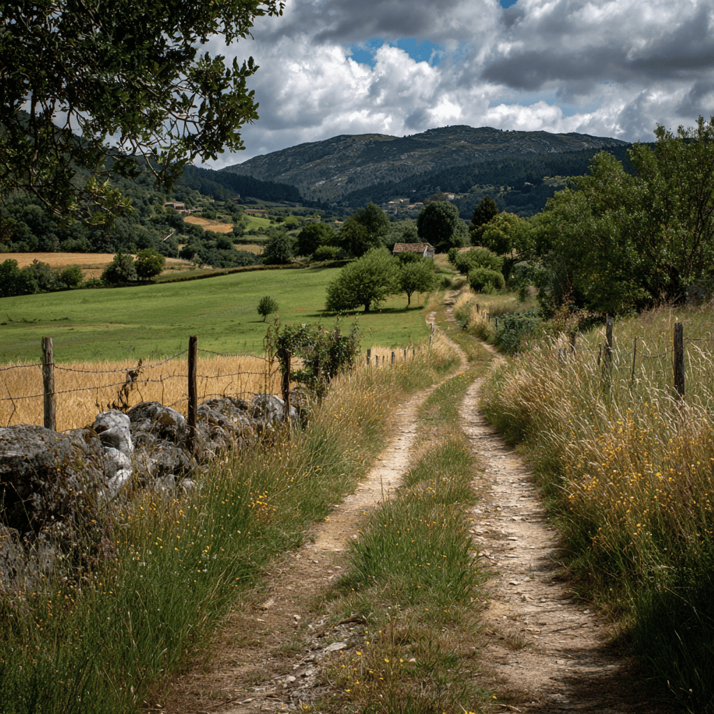 Pilgrims walking the Camino trail