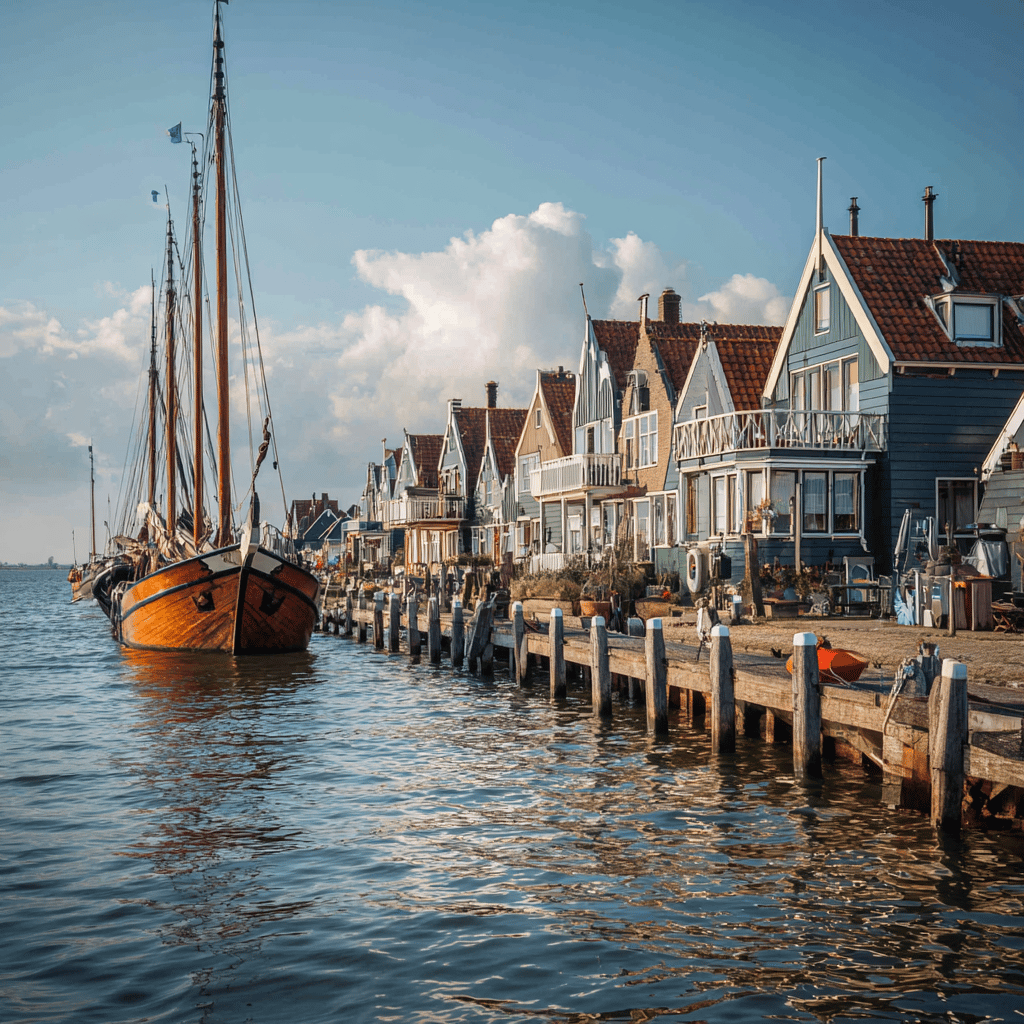 Traditional wooden houses of Volendam from water view
