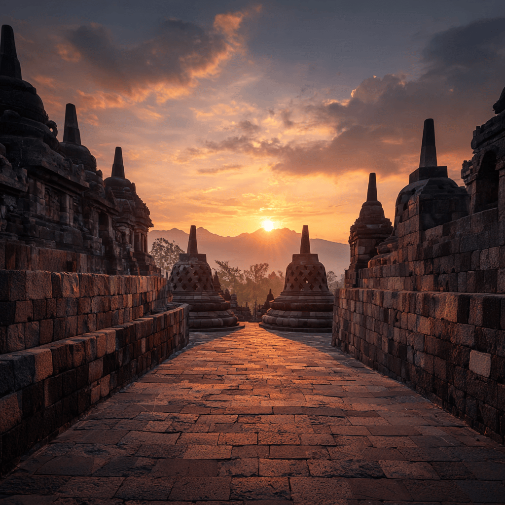 Panoramic view from Borobudur Temple showing the surrounding Indonesian landscape in morning light