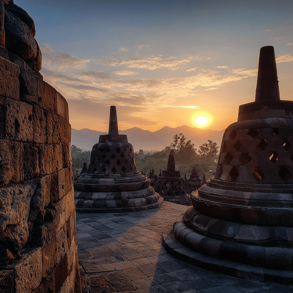 Golden hour at Borobudur Temple with warm sunrise light illuminating the ancient stone structures
