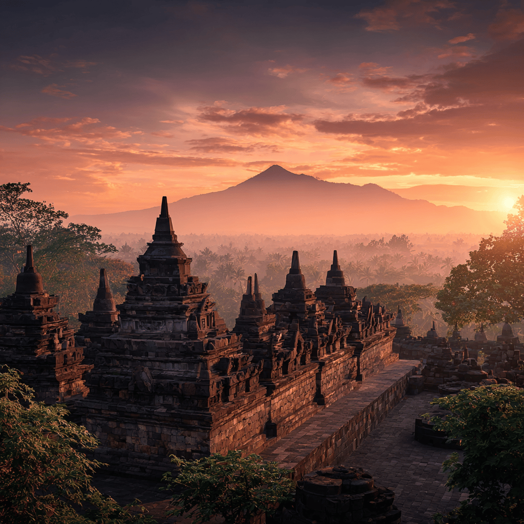 Borobudur Temple at sunrise showing the magnificent ancient architecture against the dawn sky