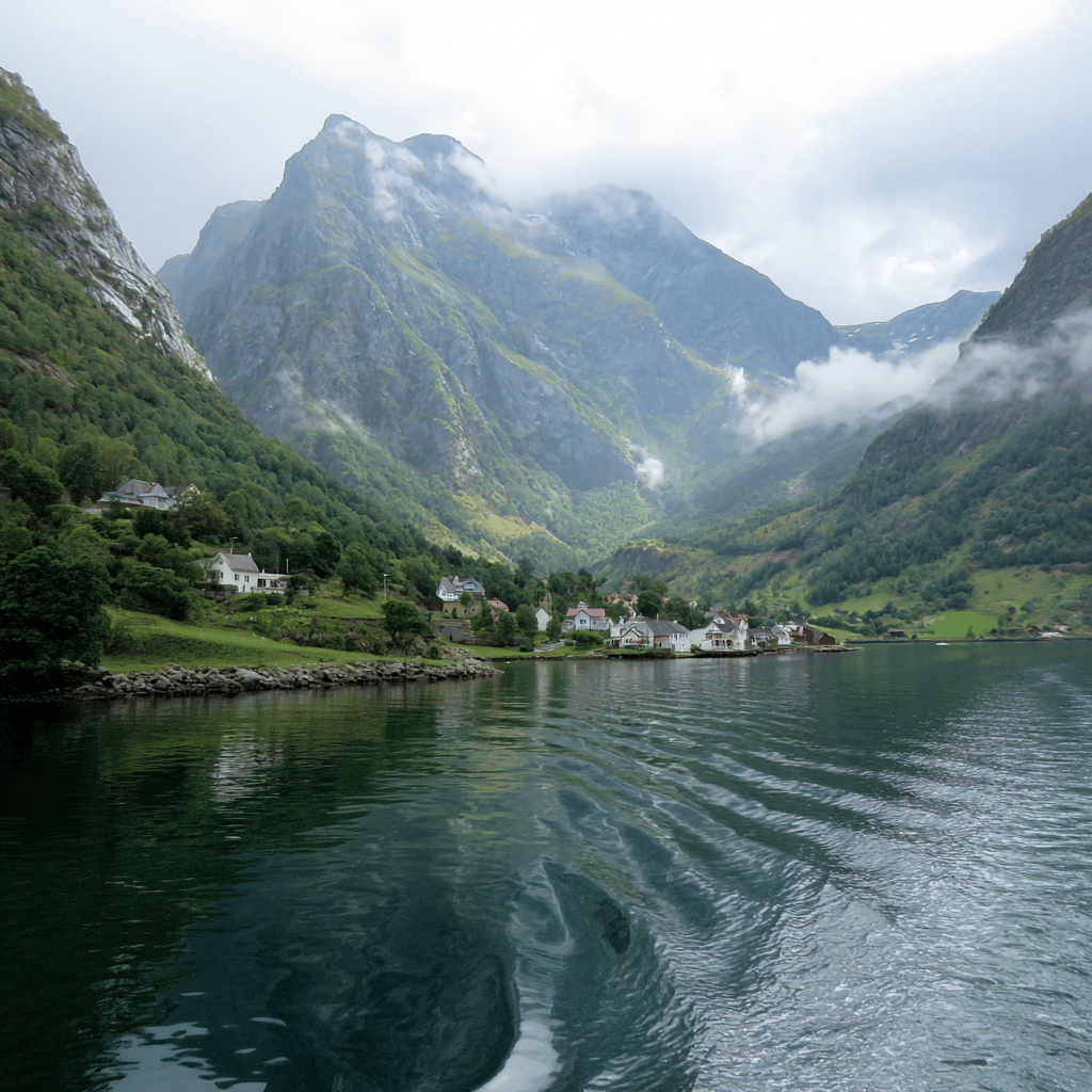 Dramatic waterfall cascading down fjord cliffs