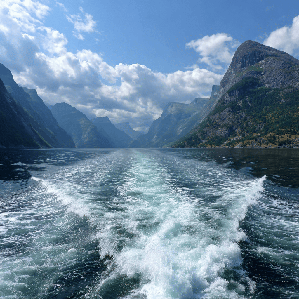 Scenic fjord cruise boat navigating through Norwegian waters