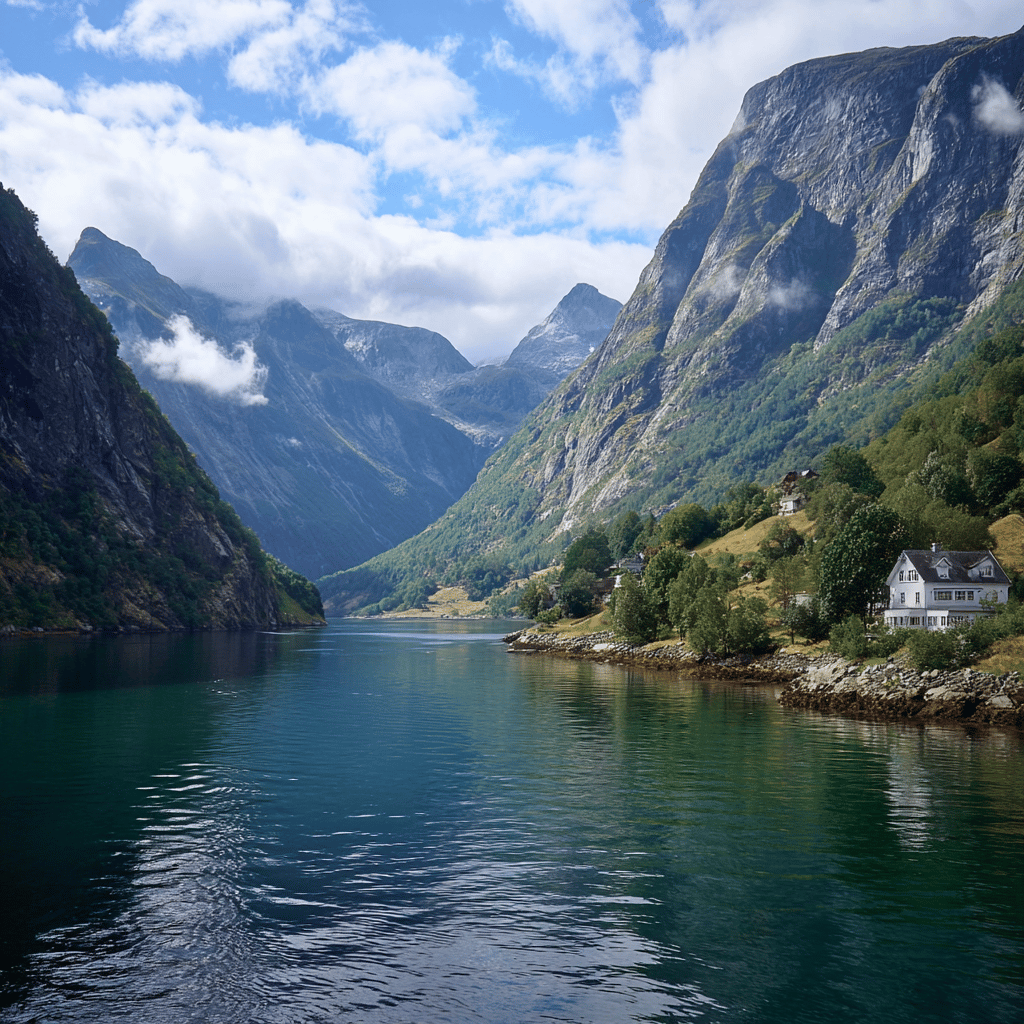 Norwegian fjord landscape with towering cliffs