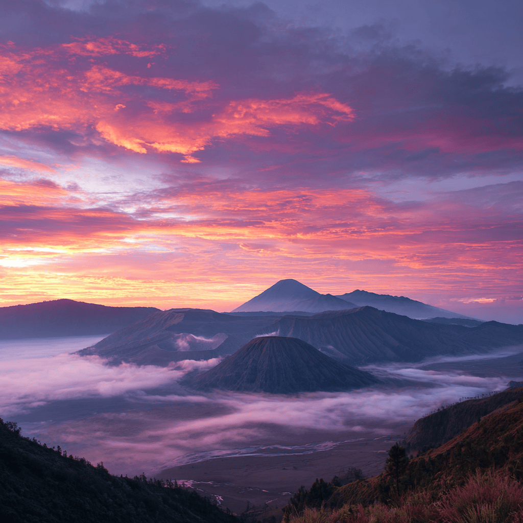 Mount Bromo volcanic crater and surrounding area