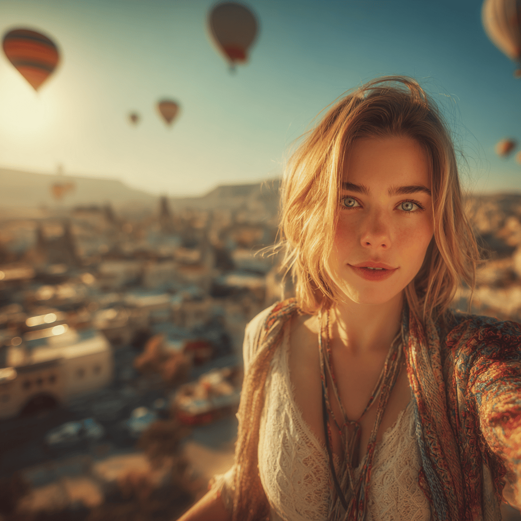 Hot air balloons floating over Cappadocia's fairy chimneys at sunrise
