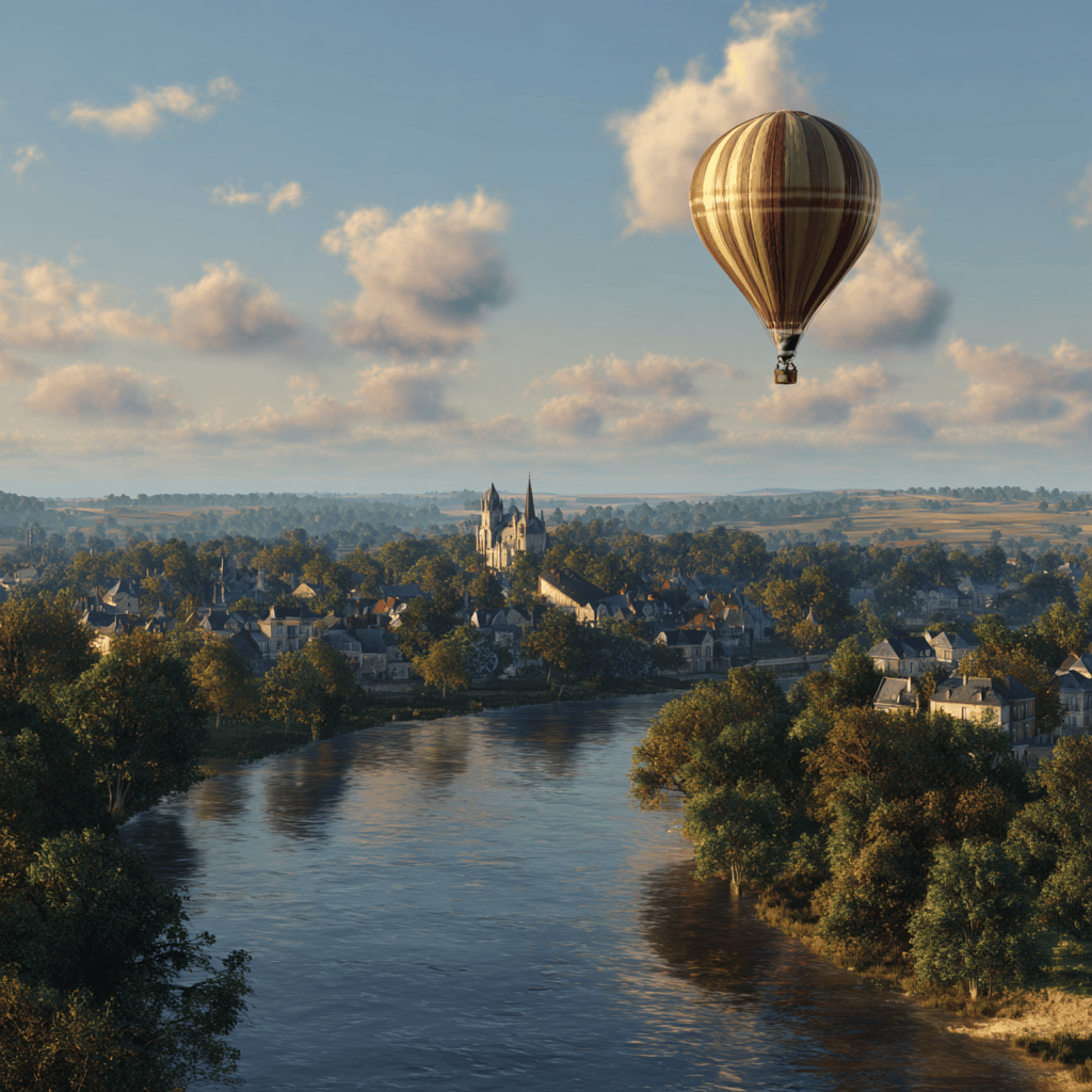 Panoramic view of Loire Valley landscape from hot air balloon