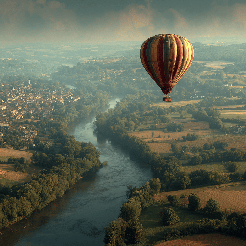 Hot air balloon floating over Loire Valley vineyards