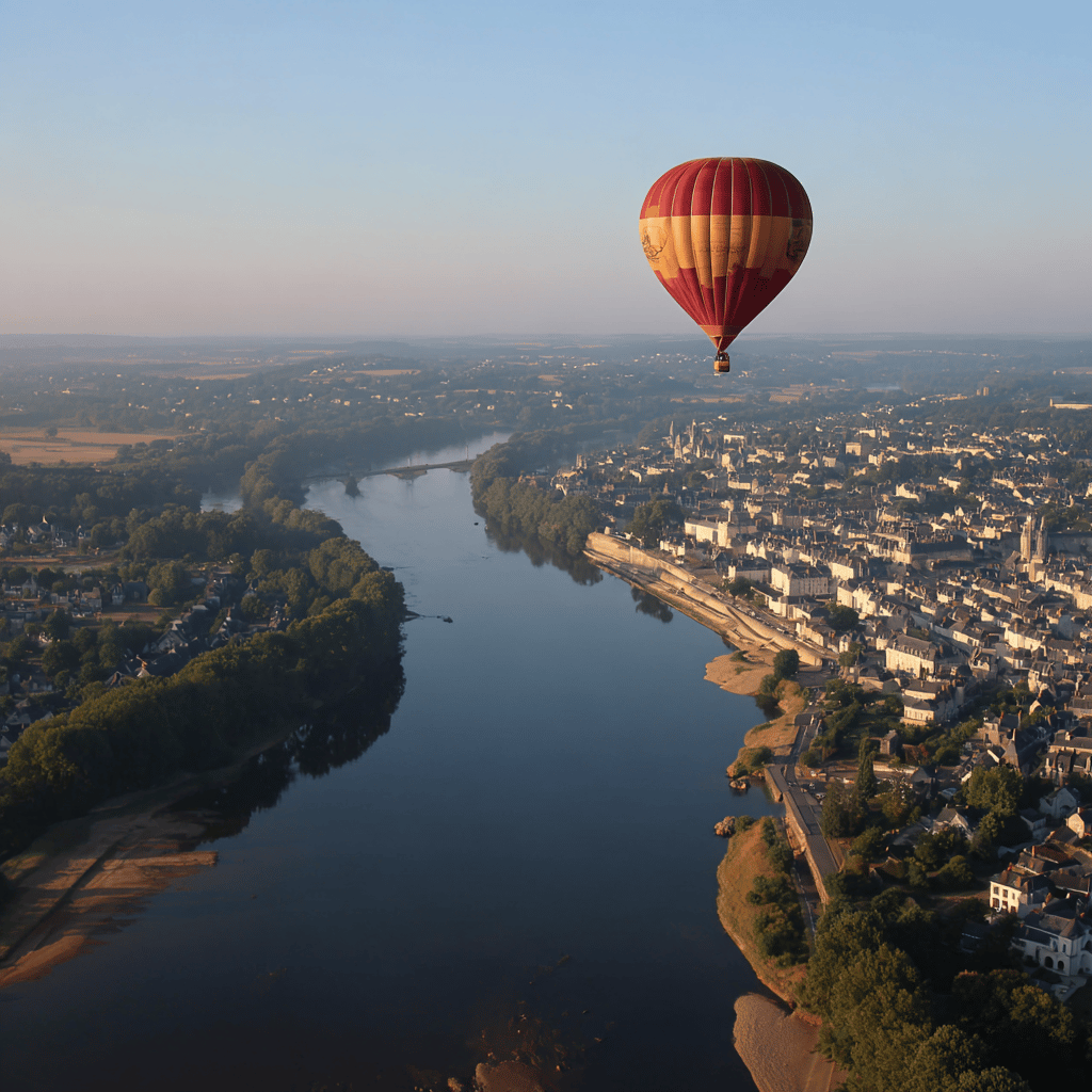 Panoramic view of Loire Valley vineyards from hot air balloon