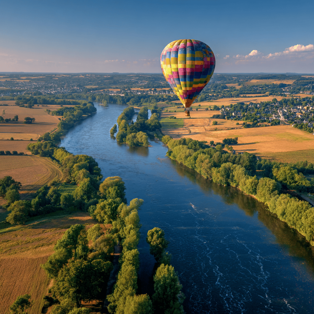 Hot air balloon over Loire Valley landscape