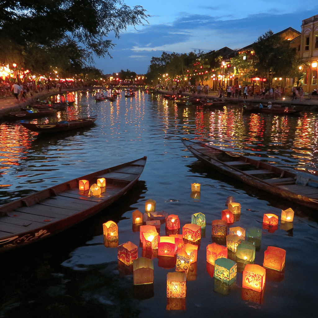 Traditional lanterns floating on Thu Bon River