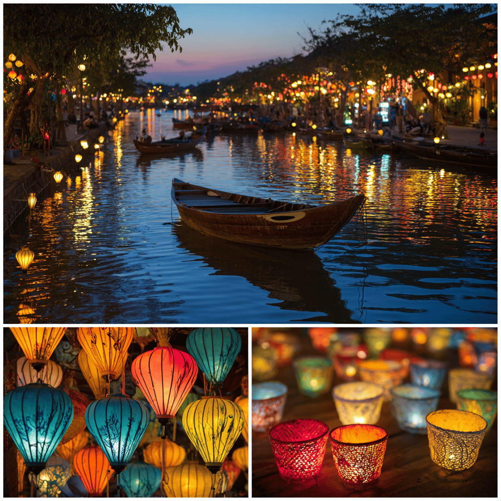 Colorful lanterns reflecting on the Thu Bon River waters