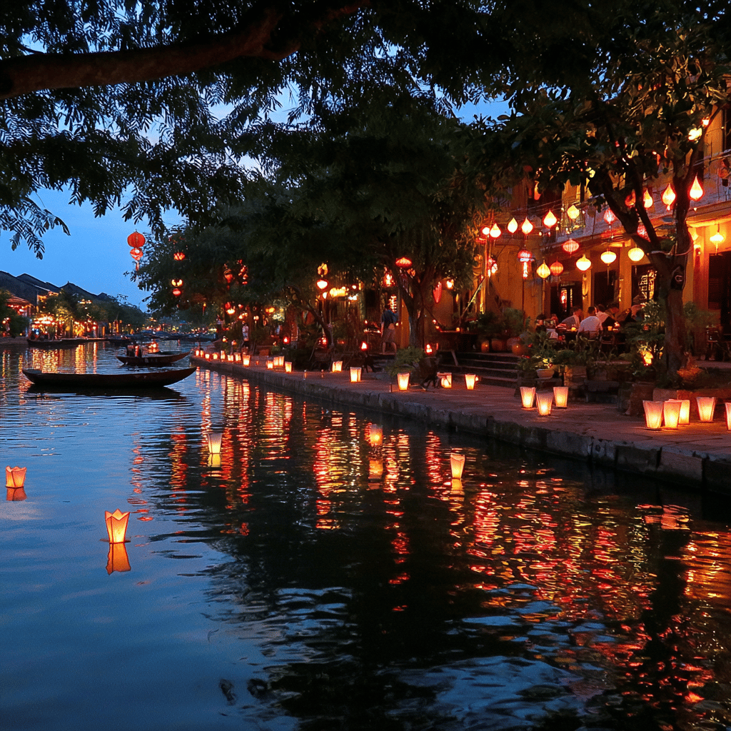 Traditional lanterns floating on Thu Bon River