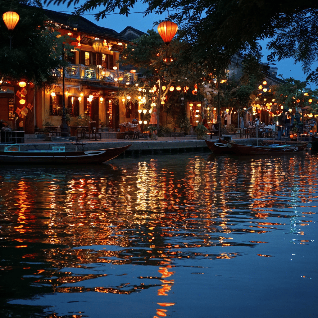 Traditional lanterns floating on Thu Bon River