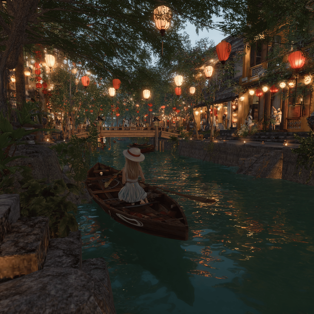Colorful lanterns floating on Thu Bon River