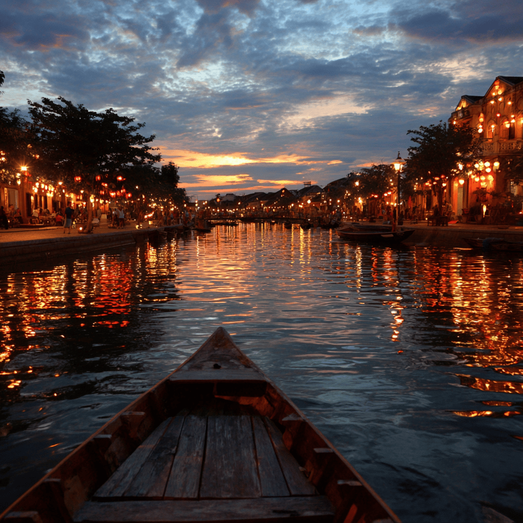 Traditional lanterns reflecting on Thu Bon River
