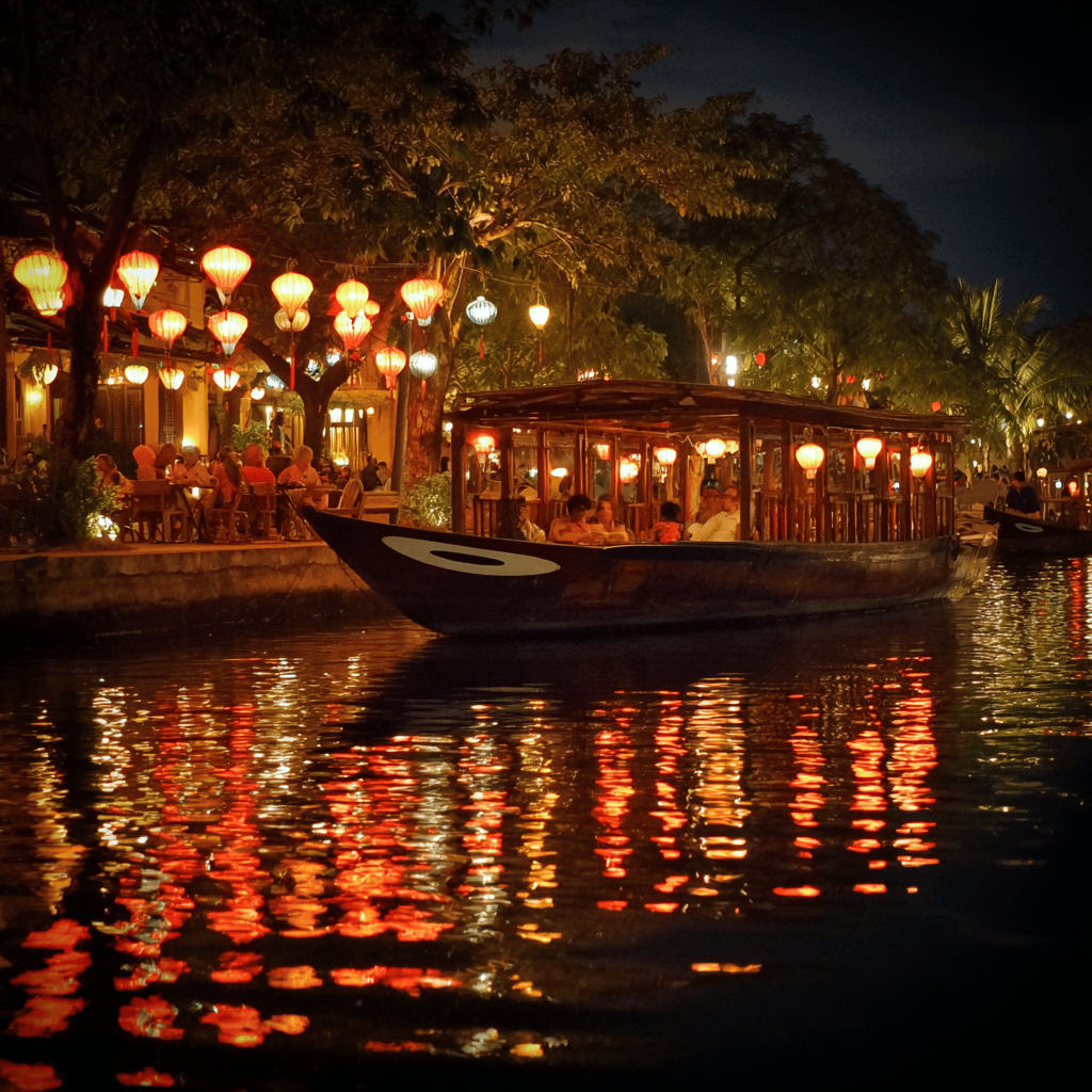 Traditional Vietnamese architecture illuminated by lanterns