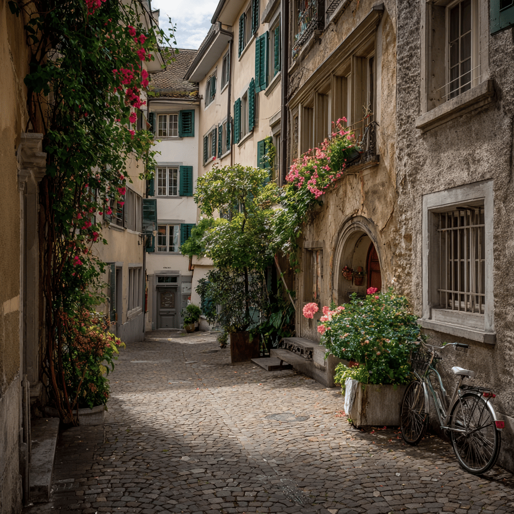 Historic cobblestone streets of Zurich Old Town