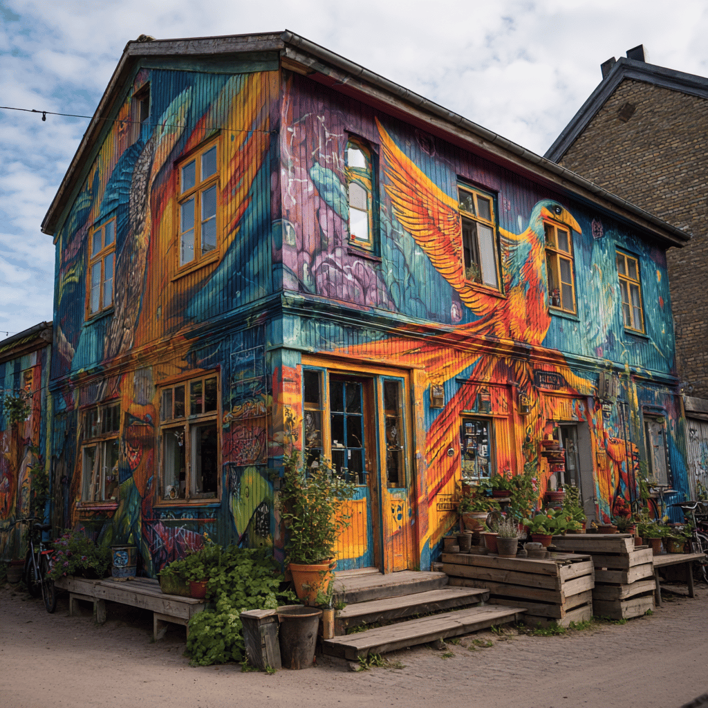 Pusher Street market and lake area in Freetown Christiania