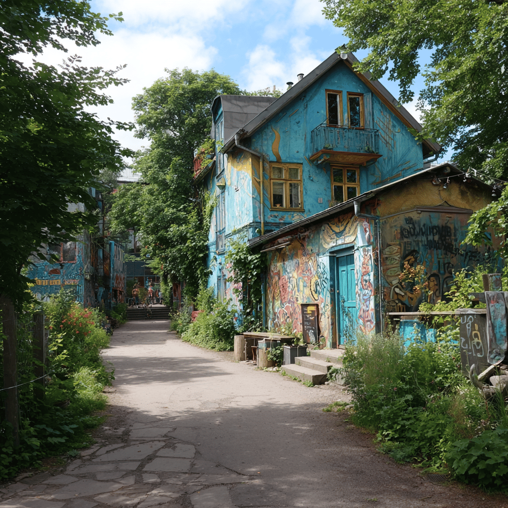 Freetown Christiania colorful street art and buildings