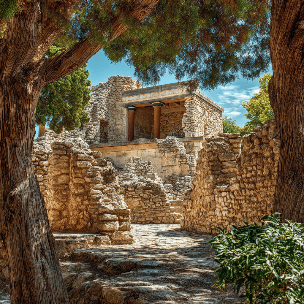Detailed frescoes and ancient artwork at Knossos