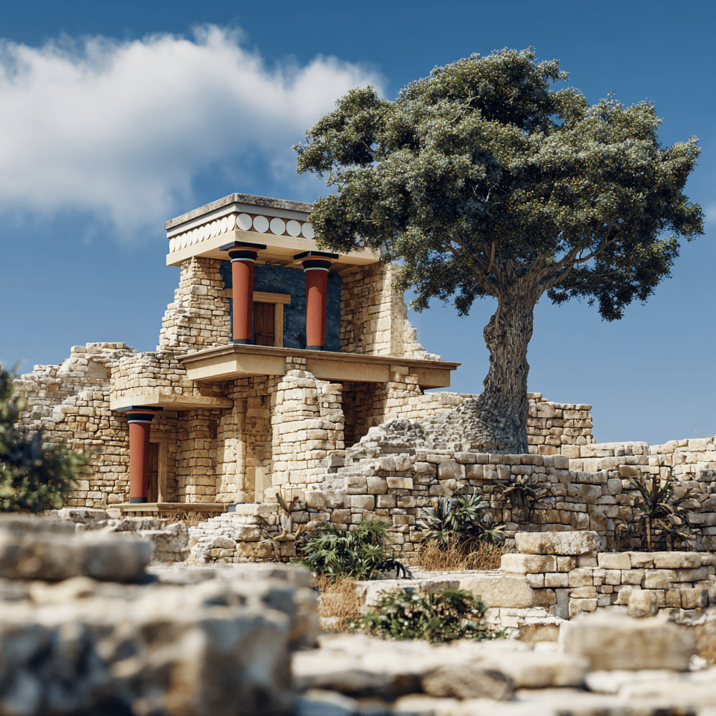 Detailed frescoes at Knossos Palace